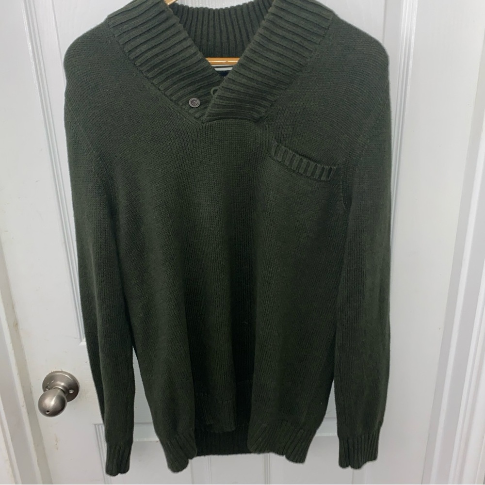Banana Republic Sweater Shawl Collar Button Sz M Green Front Pocket 100% Cotton